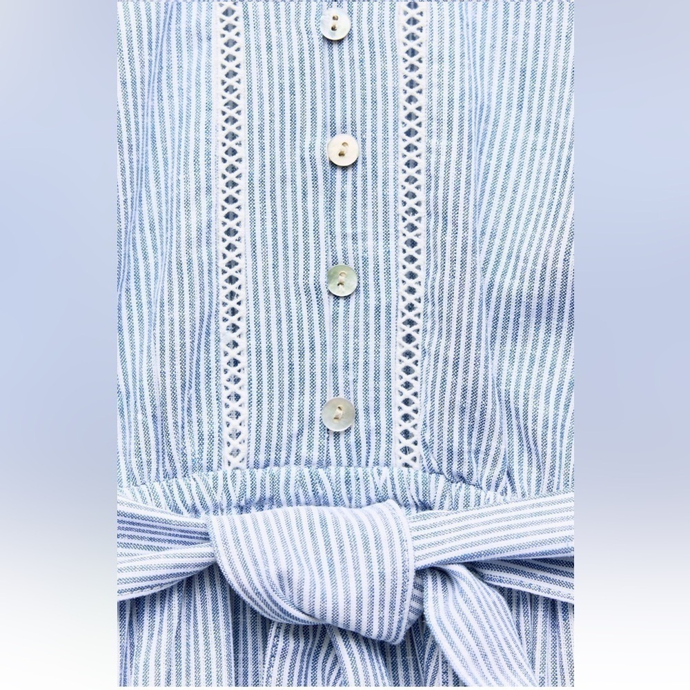 New ZARA Linen Bland Striped Inserts V-neck Long Sleeve Mini Dress - Picture 8 of 8